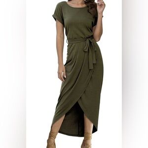Short Sleeve Casual Dress Elastic Waist Slit